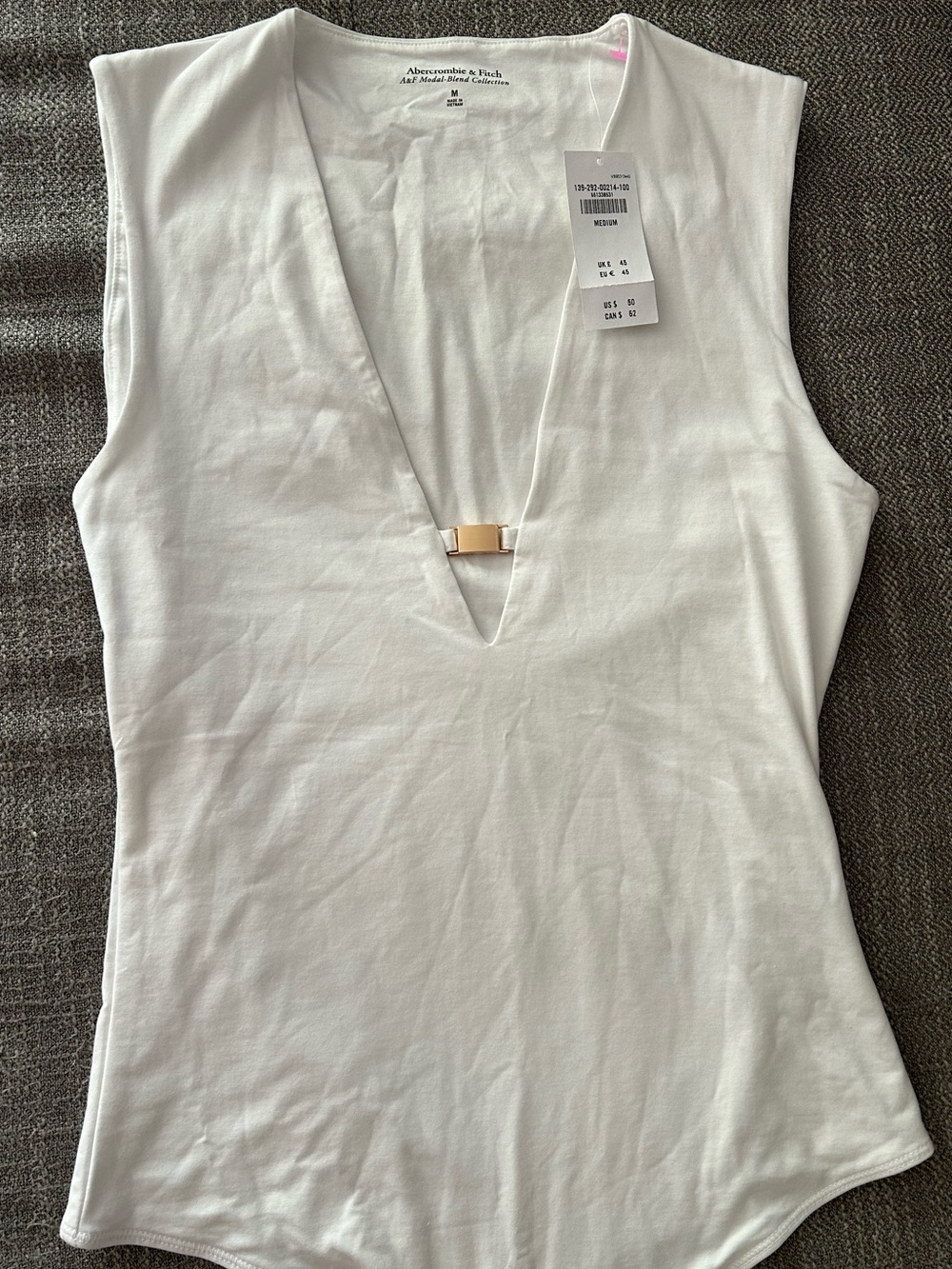Abercrombie & Fitch White V-Neck Sleeveless Bodysuit with Gold Bar